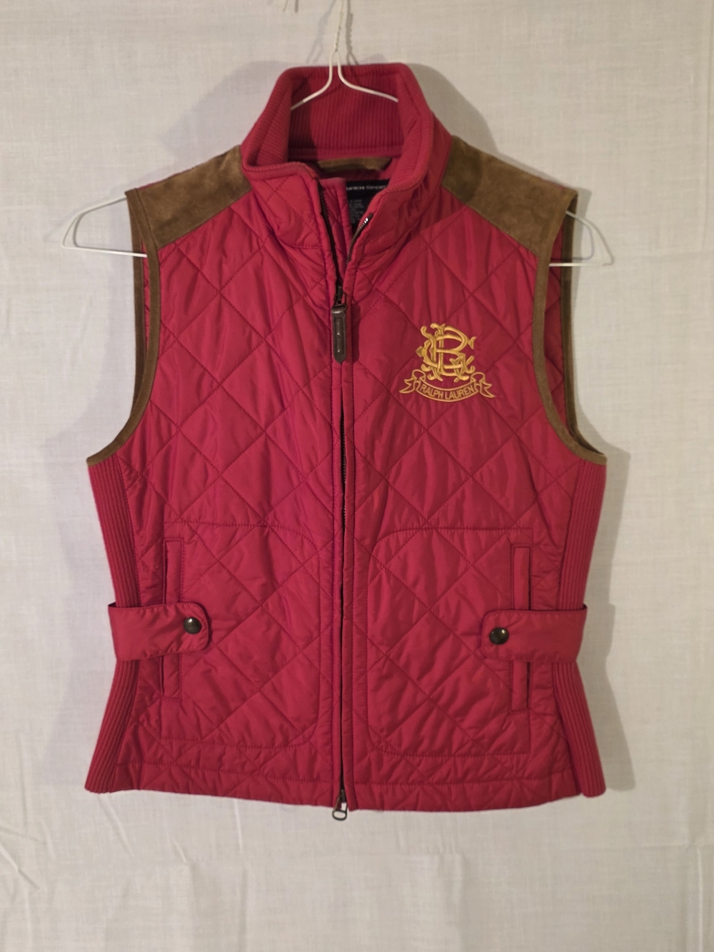 Ralph Lauren Quilted Red Equestrian Vest with Calf Suede Sz Medium